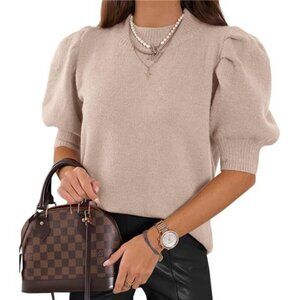 Women's Puff Short Sleeve Sweater Tops Trendy Knit Crew Neck Beige S-M-L-XL